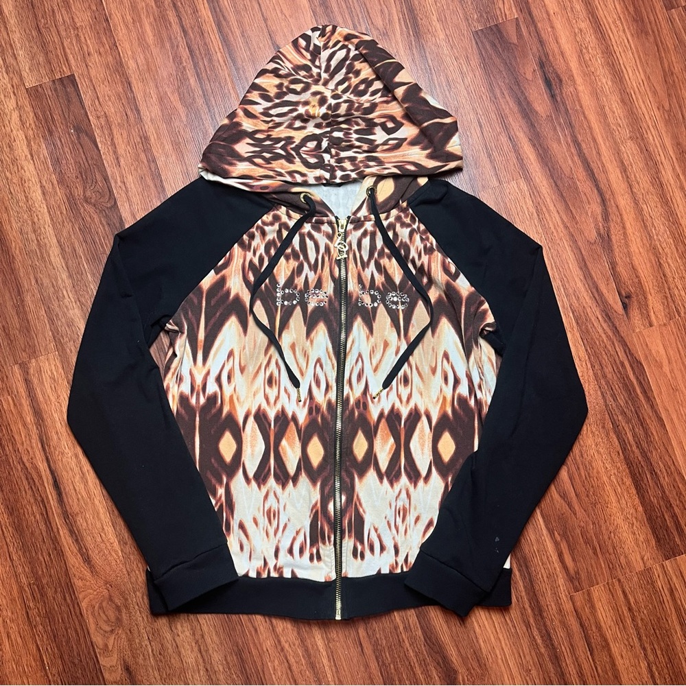 Bebe Leopard Print Zip Up Hoodie Women's Size Large Black